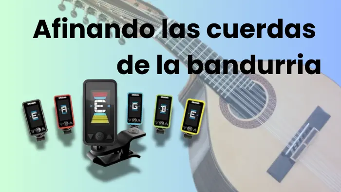 Afinando las cuerdas de la bandurria española Ilustración del proceso de afinación de una bandurria utilizando afinadores de cabezal cromáticos.